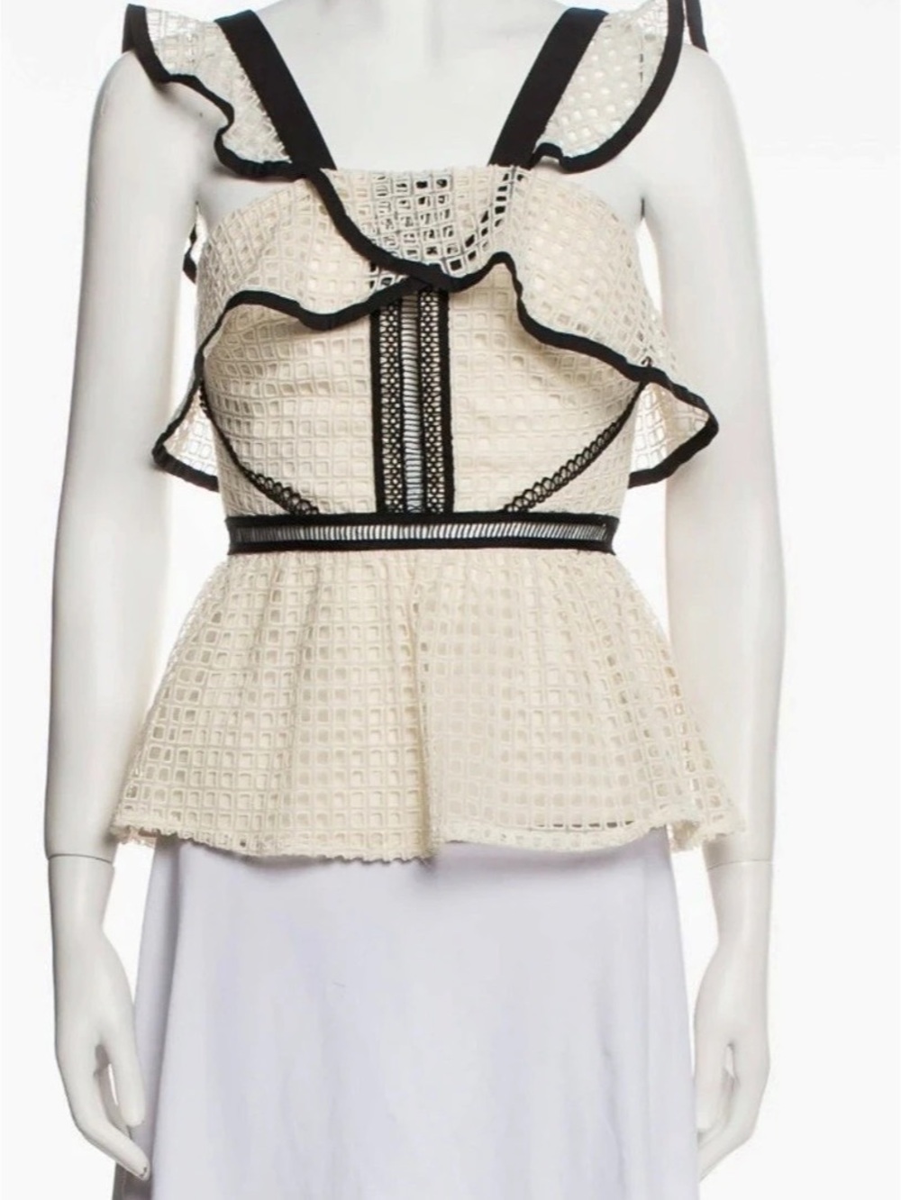 Self-Portrait Cream Pointelle Peplum Knit Top in Cream & Black